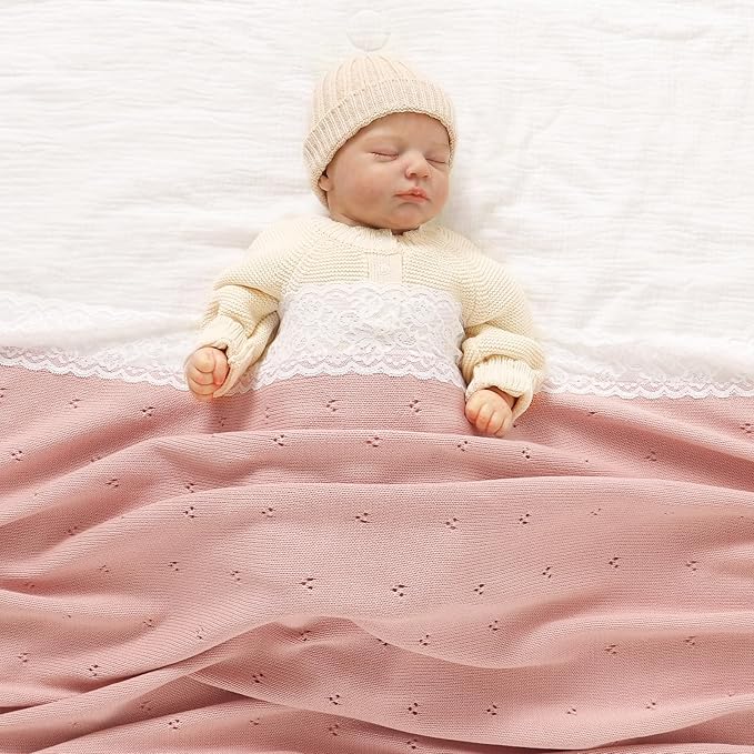 Hadetoto Cotton Lace Knit Baby Blankets, Super Soft Lightweight Crib Blanket for Infant Boys Girls, Nursery Bedding (Pink)