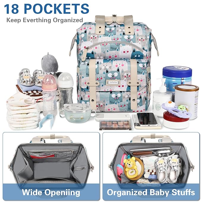 Jiefeike Diaper Bag Backpack,Baby Bags for Mom Dad Girls Boys,15.6inch Cat Dog Travel Baby Diaper Bags with Insulated Pockets RFID Anti-Theft Water-Resistant Pocket