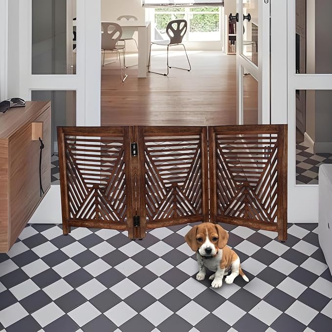 Lightnpro Extra-Wide Wooden Dog Gate – Rustic Freestanding Indoor Pet Barrier, Foldable Safety Fence for Small Dogs, Decorative Room Divider for Stairs, Doorways & Hallways – 24x54 Inch Burnt Finish