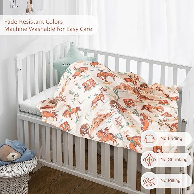 Muslin Swaddle Blankets for Newborn, 4 Pack Large 47"x47" Soft Breathable Bamboo Cotton Baby Blanket, Lightweight Receiving Blanket for Boys and Girls, Wild West Adventure