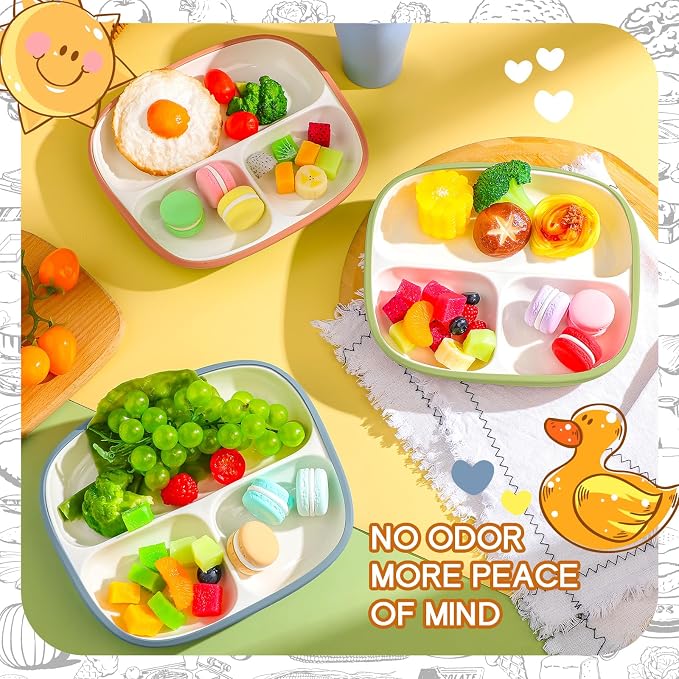 Domensi 3 Set Kids Porcelain Plates with Silicone Sleeves 8.2 Inch Divided Porcelain Plate Toddler White Suction Dishes for Baby Troubleless Eating Microwave Dishwasher Safe (Elegant)