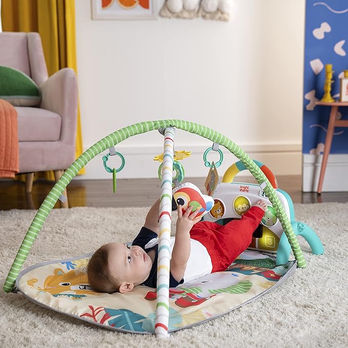 Bright Starts 4-in-1 Groovin??Kicks Piano Gym, Tummy Time Play Mat & Activity Baby Toys, Green - Tropical Safari, Newborn to Toddler