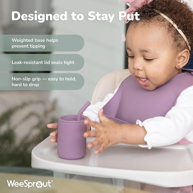 WeeSprout Silicone Baby Cups With Straws and Lids, 4 & 8 oz Options, Set of 2, Food Grade Toddler Training Container, Built In Straw Stoppers, Measurement Markings, Dishwasher Safe + Straw Cleaner