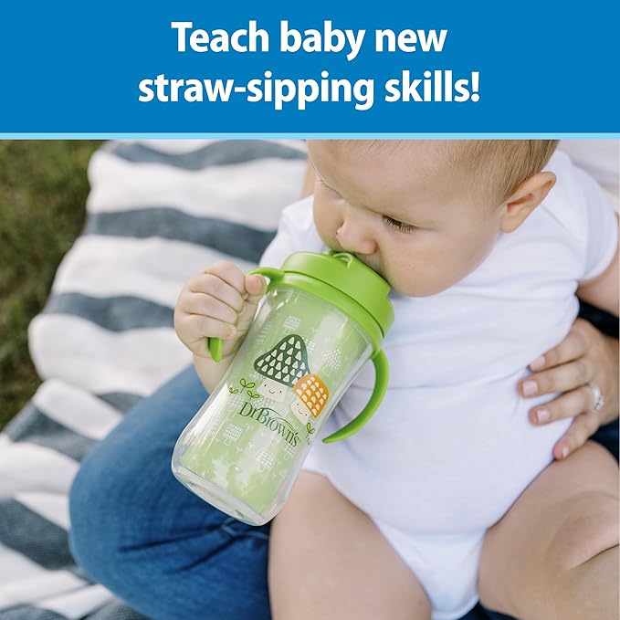 Dr. Brown's Milestones Insulated Sippy Cup with Straw and Handles, Spill-Proof Tumbler with Lid, 2-Pack, Blue & Green, 10 oz/300 mL, BPA Free, 12m+