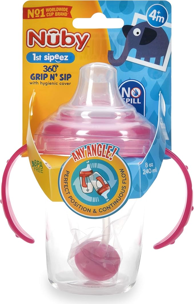 Nuby 360 Grip N' Sip 8oz Tritan Cup, Weighted Straw with Hygienic Cover, Pink