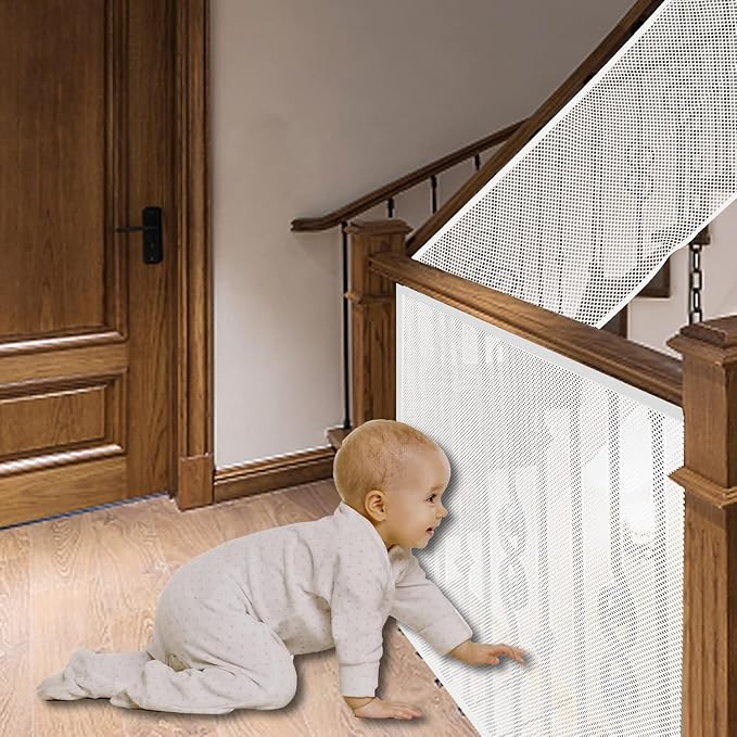 Baby Gate for Stairs, Banister Guard for Kids, Pets, Toys, 2 Set 10 ft x 2.6 ft Mesh Netting Safety Net for Balcony Rail Stair, Stairway Net Safety Products for Indoor & Outdoor (White)