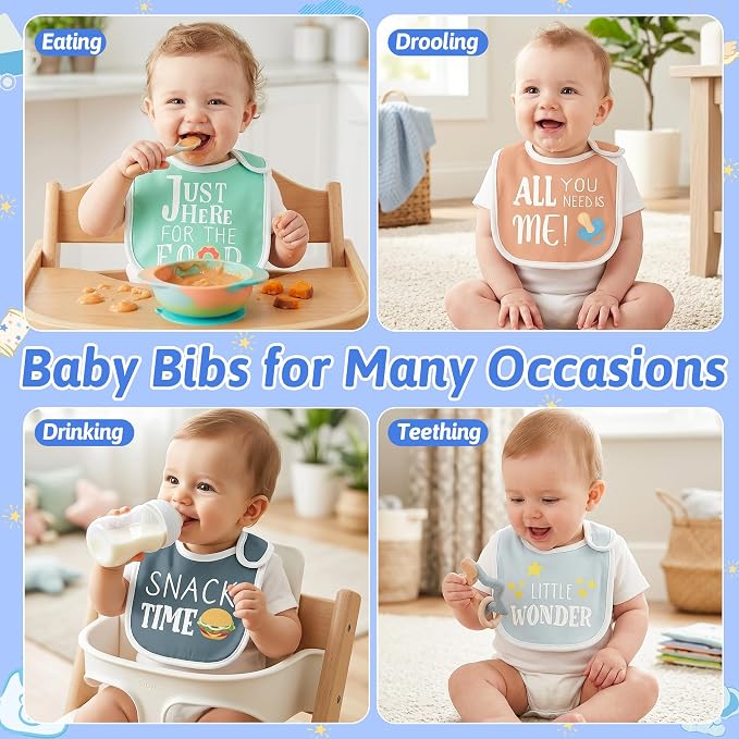 7Pcs Cotton Waterproof Baby Bibs Hook Loop Closure Newborn Bib Keepsake Baby Gift for Drooling Feeding Eating