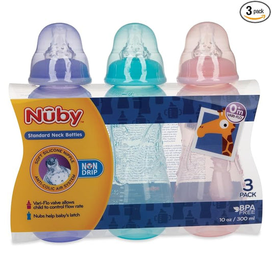 Nuby Non-Drip Standard Neck Baby Bottles - 10 oz (3 Pack) - Vari-Flo Flow Control Nipple - Anti-Colic Air System - 0+ Months