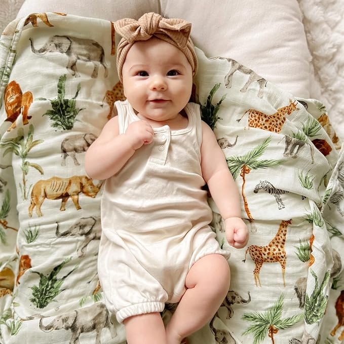 LifeTree Muslin Swaddle Blankets Neutral, Baby Washcloths Safari Animals Swaddling Wrap Nursery Receiving Blanket for Boys & Girls