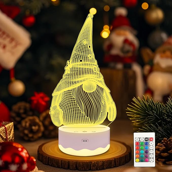 Ammonite Gnome Gifts, Gnome Night Light 3D Optical USB LED Lamp with Remote Touch 16 Color Flashing Changing Timer Stuff Decorations St Patricks Day Mothers Day Christmas Gifts