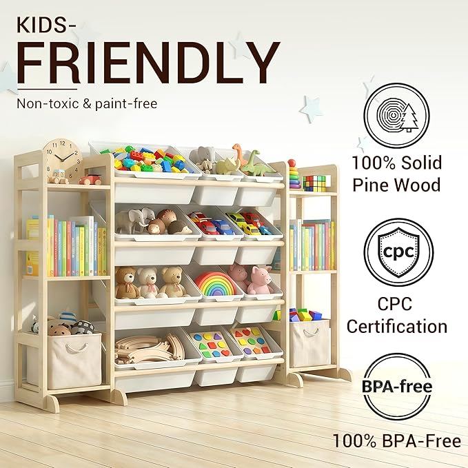 Kiddocood Kids Toy Storage Organizer with 12 Bins, 100% Solid Wood - Natural Finish Montessori Toy Organizer, BPA Free, CPC-Certified Playroom Organization for Living Room & Nursery, 52.3"