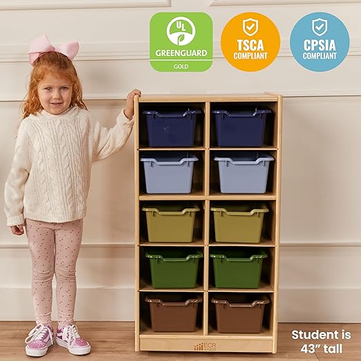 ECR4Kids 10 Cubby Mobile Tray Cabinet and 10 Scoop Front Bins, 5x2, Kids Furniture, Earthtone