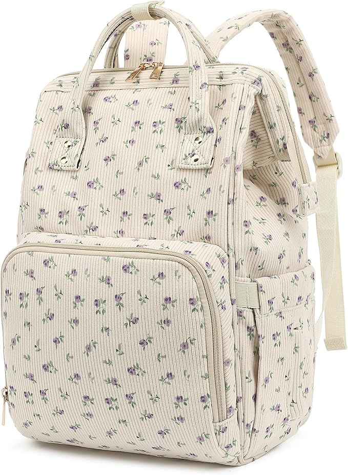 Corduroy Diaper Bag Backpack for Baby Girls Boys, Women Large Nappy Bags for Mom (Beige Corduroy Floral Purple)