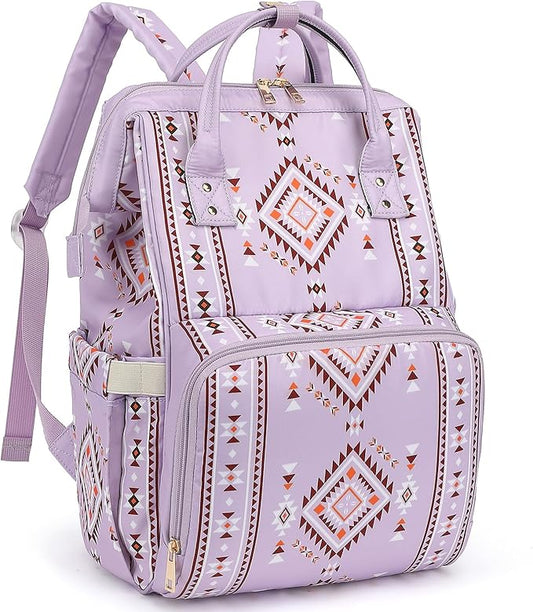 Boho Diaper Bag Backpack for Mom Dad, Multifunctional Bohemia Baby Nappy Backpack with Stroller Straps Insulated Pockets (Purple)