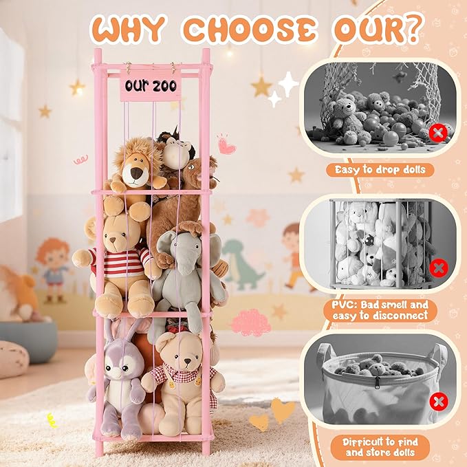LAMU Stuffed Animal Storage, Wooden Zoo Stuffed Animal Holder with Elastic Cords, Space Save Toy Organizer, Extra Large Capacit Stuffed Animal Organizer for Playroom, Bedroom, Nursery, Pink