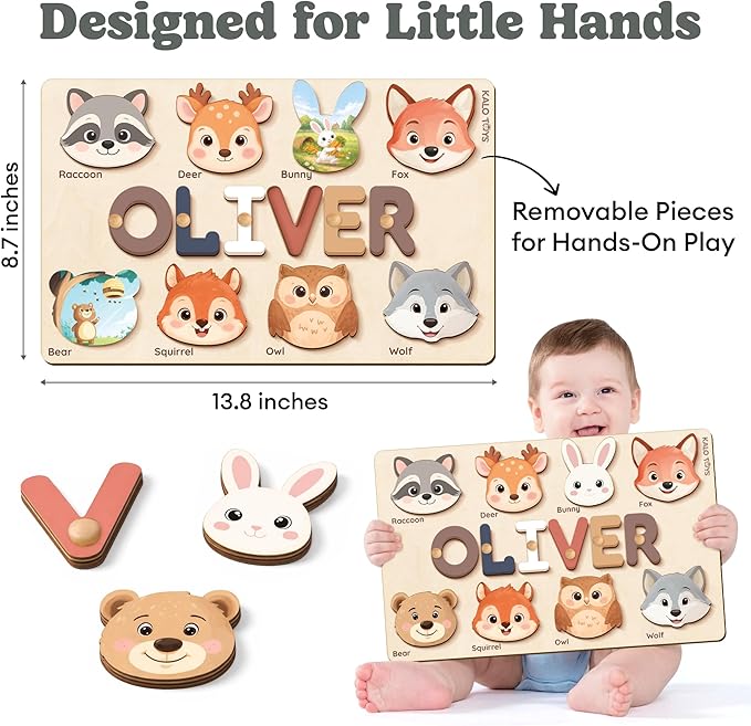 Personalized Name Puzzle for Toddlers 1-3 | Custom Wooden Baby Girl Gift with 48 Animal Art Sets | 1st Birthday Gift for Girls | Personalized Baby Boy & Girl Gifts Keepsake