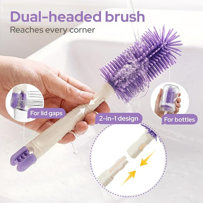 lalalark 7-in-1 Baby Bottle Brush Set, BPA Free Silicone Baby Bottle Cleaning Kit with No Scratch Dual-Headed Brush, Nipple Brushes,Soap Dispenser & Drying Rack,Travel Cleaner with Storage Case,Purple