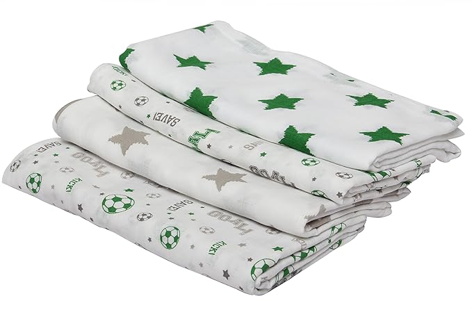 Bacati - 4 Pack Sports Baby Swaddle Blankets Boys Swaddle Wrap Soft Breathable Cotton Muslin Swaddle Blankets Receiving Blanket for Boys, Large 45 x 45 inches (Soccer Green/Grey)