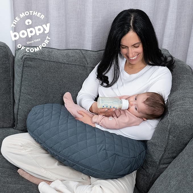 Boppy Nursing Pillow Luxe-Ergonomic Bottle & Breastfeeding Pillow with High Lift & Firm Support-Water-Resistant with Washable Premium Fabric Cover-Baby Safety Alliance Verified-Quilted Slate Blue