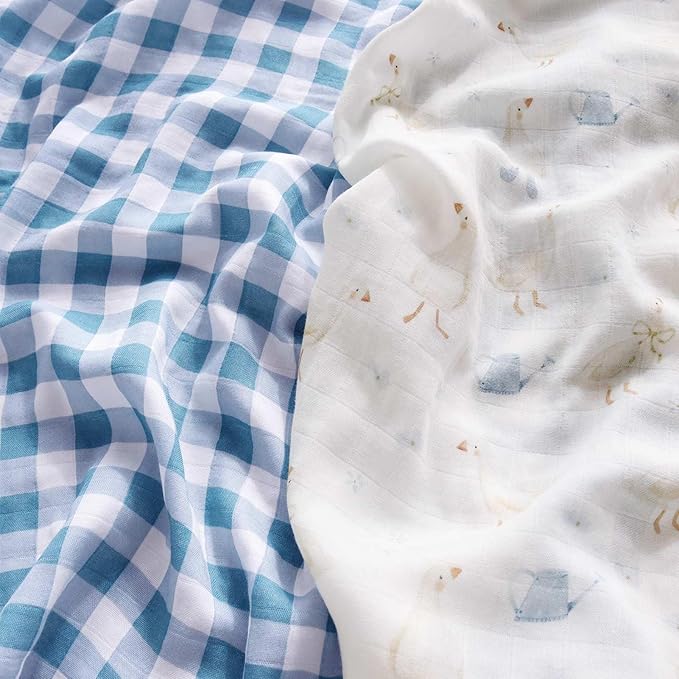 LifeTree Baby Swaddle Blankets, Boys Girls Muslin Swaddling Wrap Receiving Blanket for Newborn, 70% Viscose from Bamboo and 30% Cotton, Large 47" x 47", Duck and Checkered