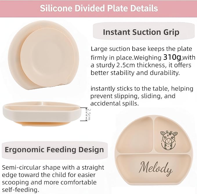 Personalized Name Food Grade 6pcs Baby Feeding Set with Spoon, Fork,Silicone Suction Bowls,Cup,Plate,and bib BPA Free - First Stage Self Feed (Color Y4)