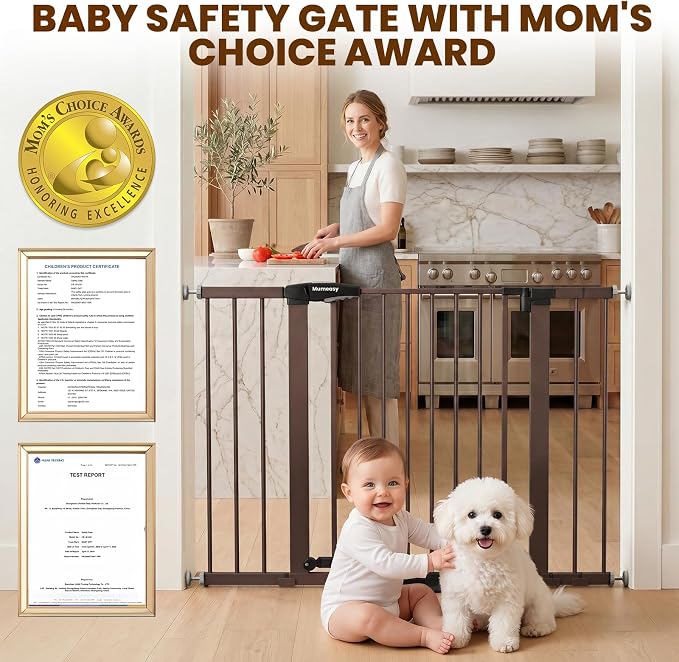 Mumeasy 29.7-46" Baby Gate for Stairs, Pressure Mounted Dog Gate for Doorways, Auto Close Walk Through Pet Gate Indoor, Extra Wide Metal Child Safety Gate, Mom's Choice Awards Winner, Brown