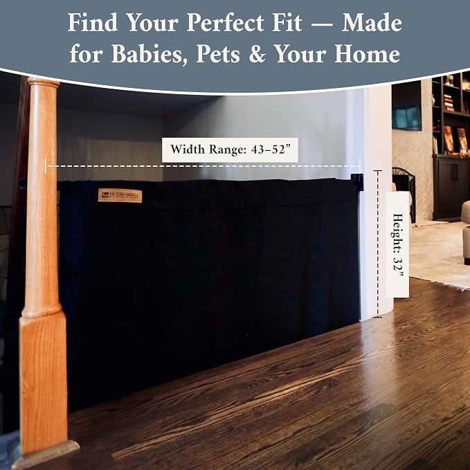 The Stair Barrier First Fabric Wall to Banister Baby Gate for Stairs 43”–52” Wide x 32” Tall – Dog Gate for Stairs, for Top or Bottom Staircase, Machine-Washable, Climb Proof, Designed in USA – Black