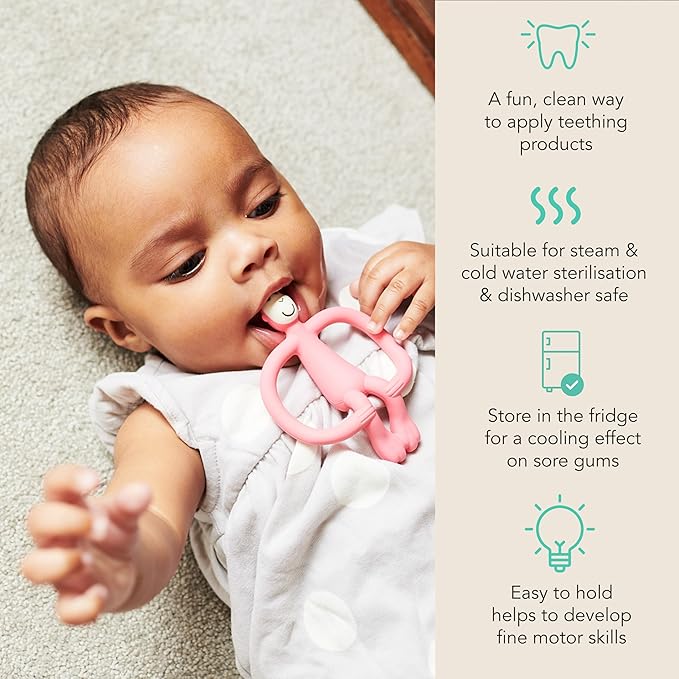 Matchstick Monkey Silicone Teether & Gel Applicator ??Silicone Baby Teether, Easy-to-Grip, BPA-Free, Supports Self-Soothing & Early Brushing, 3 Months+, 4 Inches, Pink