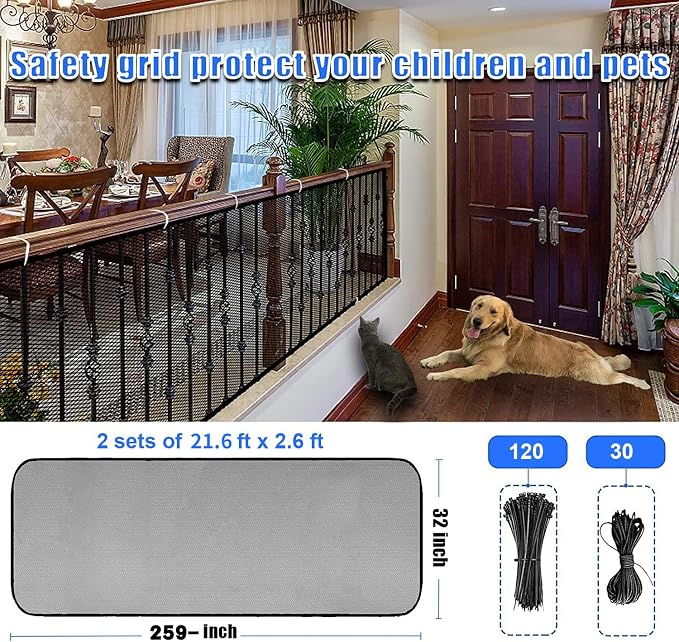 2 Sets Baby Gate for Stairs, Banister Guard for Kids, Pets, Toys, 21.6 ft x 2.6 ft Mesh Netting Safety Net for Balcony Rail Stair, Stairway Net Safety Products for Indoor & Outdoor (Black)