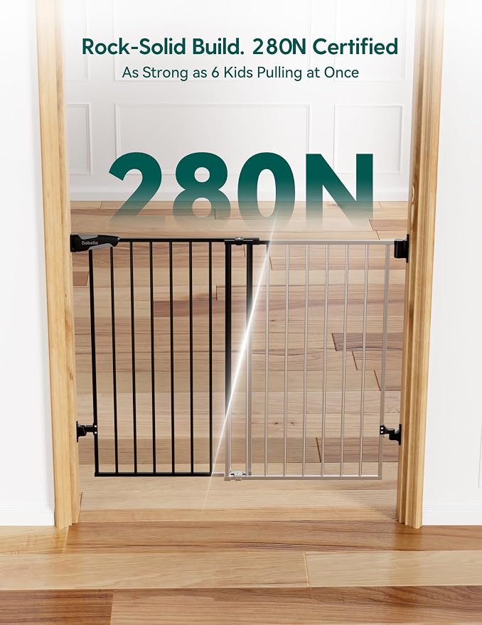 Babelio Baby Gate for Stairs, Kitchen & Doorways, No Bottom Bar| Easy Installation| One-Handed Operation| Auto-Close| Hardware Mount (Drill Needed) Safety Dog Gate (Black - B17, 34" H, 29-49" W-Wide)