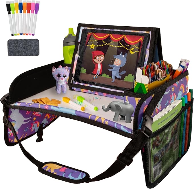 Lusso Gear Kids Travel Tray for Car - Road Trip Essentials for Kids - Car Seat Tray for Toddlers & Kids - for Airplane, Kids Travel Desk, Road Trip Activities (Purple Unicorns)