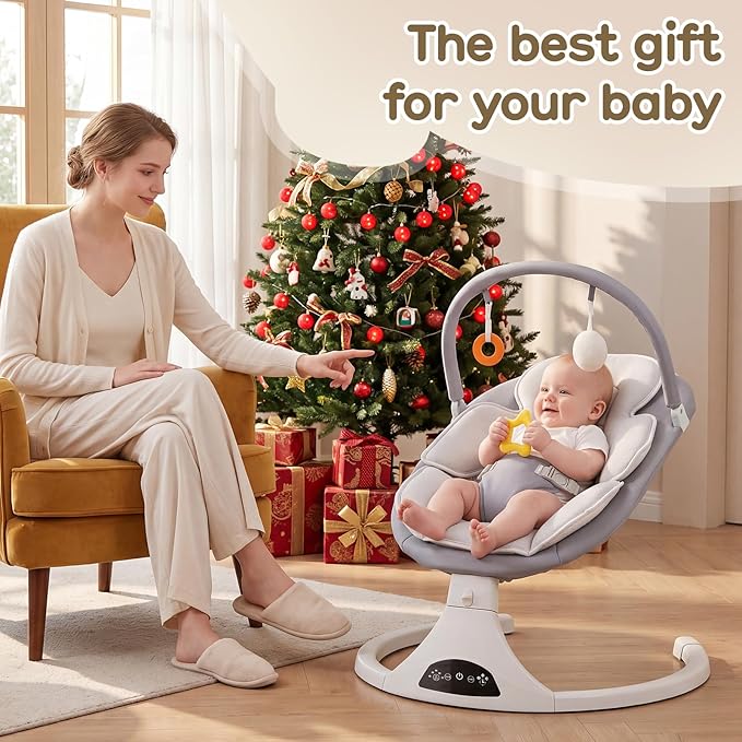Electric Baby Swing with Remote Control - 5 Natural Motion Speeds, Detachable Seat Pad, Portable Infant Swing for Indoor/Outdoor Use, 0-6 Months, 20lbs, Gray