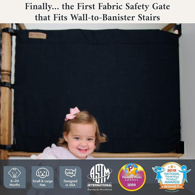 The Stair Barrier First Fabric Wall to Banister Baby Gate for Stairs 43”–52” Wide x 32” Tall – Dog Gate for Stairs, for Top or Bottom Staircase, Machine-Washable, Climb Proof, Designed in USA – Black