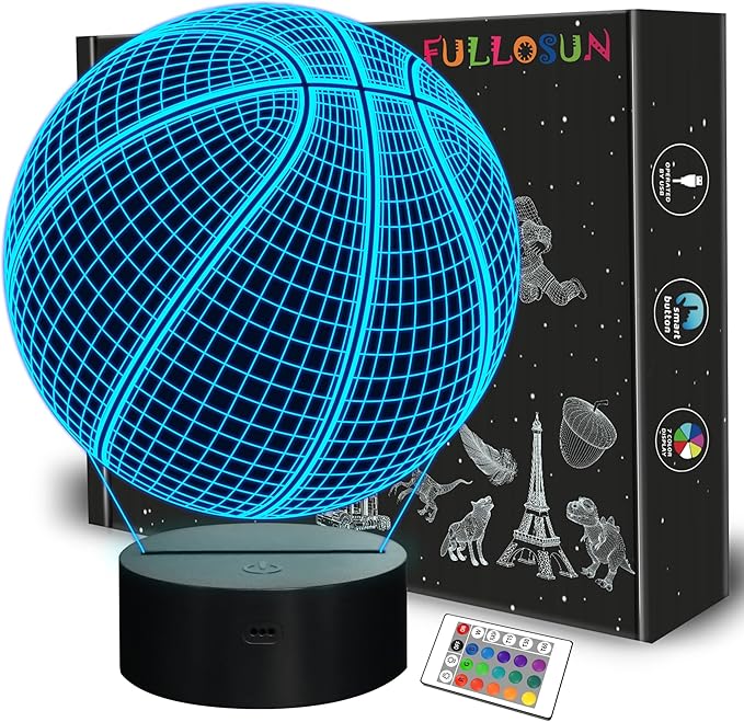 FULLOSUN Basketball 3D Night Light Birthday Gift, Light Up Basketball 3D Illusion Lamp with Remote Control 16 Colors, Mothers Father Gifts Changing Sport Fan Room Decoration Boy Girl