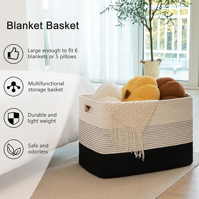OIAHOMY 108L Large Cotton Rope Basket, Rectangle Woven Baskets for Storage, Nursery Blanket Storage Living Room, Toy Basket With Handle-25?�x16?�x16??Gradient Black
