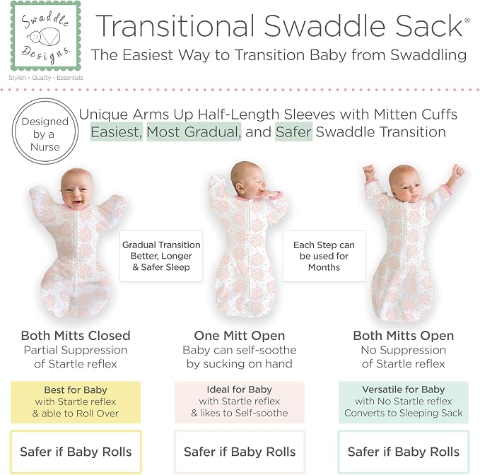 SwaddleDesigns Transitional Swaddle Sack, Arms Up Half-Length Sleeve Mitten Cuff, Most Gradual Transition Swaddle for Newborn