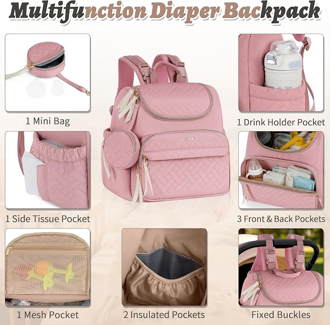 Diaper Bag Backpack, 22L Large Quilted Small Baby Bag with Changing Pad & Pacifier Case, Stroller Hooks, Easy-Access Baby Essential, Maternity Travel Backpack Unisex, Pink