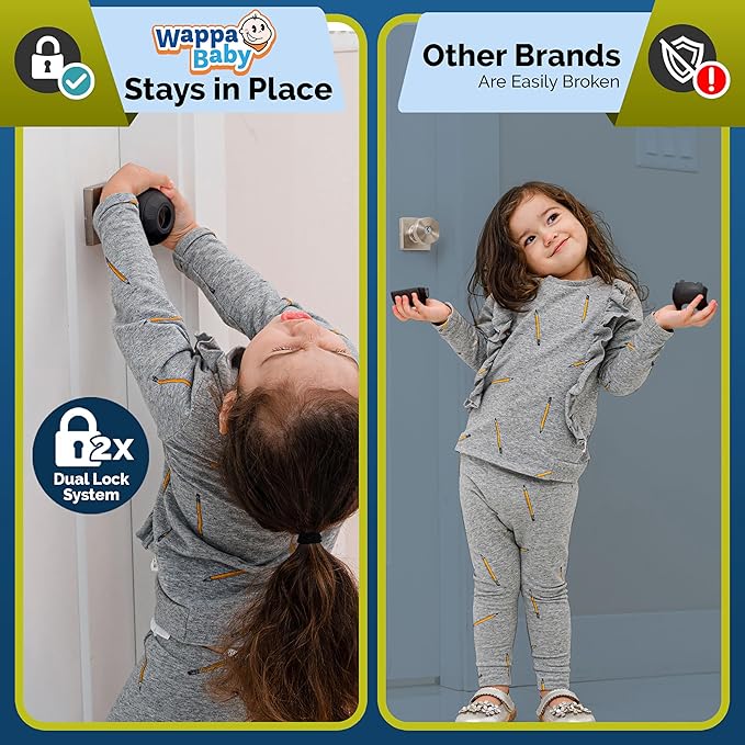 Door Knob Safety Cover for Toddlers (6 Pack) Hard-to-Remove Dual-Lock Door Handle Covers for Toddlers - Reusable Baby Proof Door Knob Locks - Installs Easily, No Tools Needed (Black)