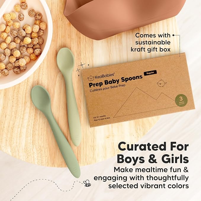 KeaBabies Silicone Baby Spoons, Self Feeding 6-12 months - 3-Pack Baby Weaning Eating Utensils, Toddler First Food Training Spoon, Infant, Kids Feeding Supplies Essential Set, Dishwasher-safe (Sage)