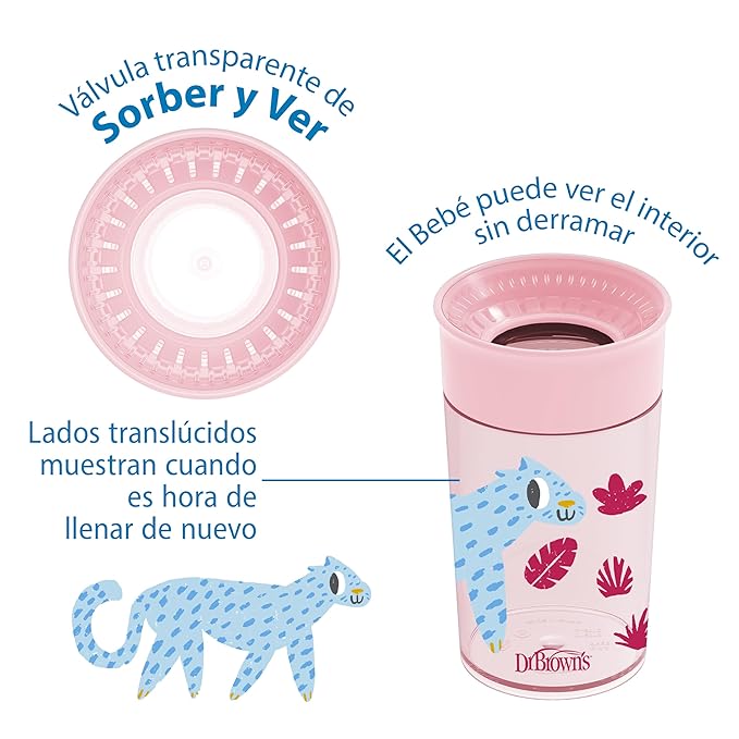 Dr. Brown's Milestones Cheers 360 Spoutless Transition Cup, Travel Friendly and Leak Free Sippy for Babies and Toddlers, Pink Animals, BPA-Free, 10 oz/300 mL, 9m+, 1-Pack