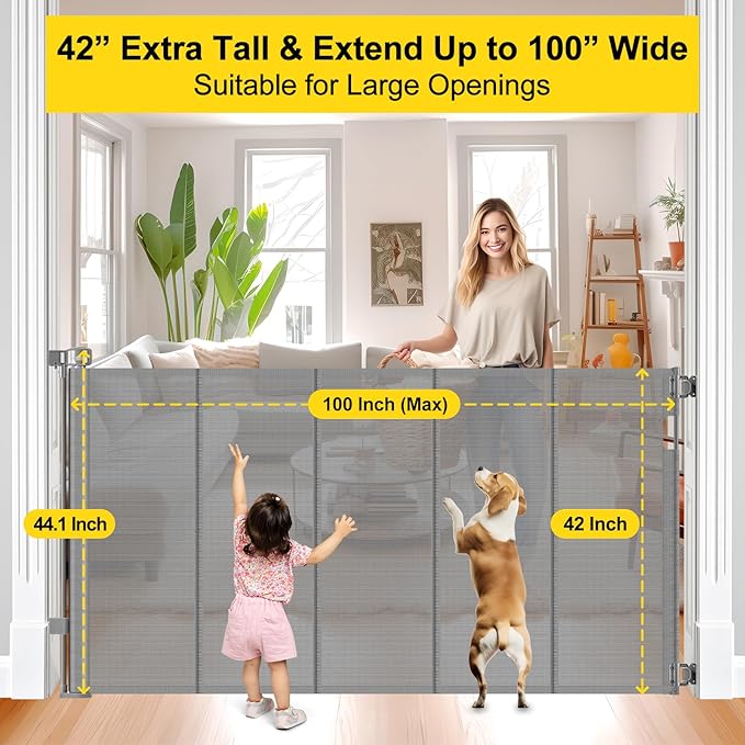 Reinforced 42??Tall x 100??Wide Retractable Baby Gates Extra Tall Dog Gate with Rods to Prevent Crawling Through, Pet Gate for Large Openings Extra Wide Mesh Baby Gate for Stairs, Gray