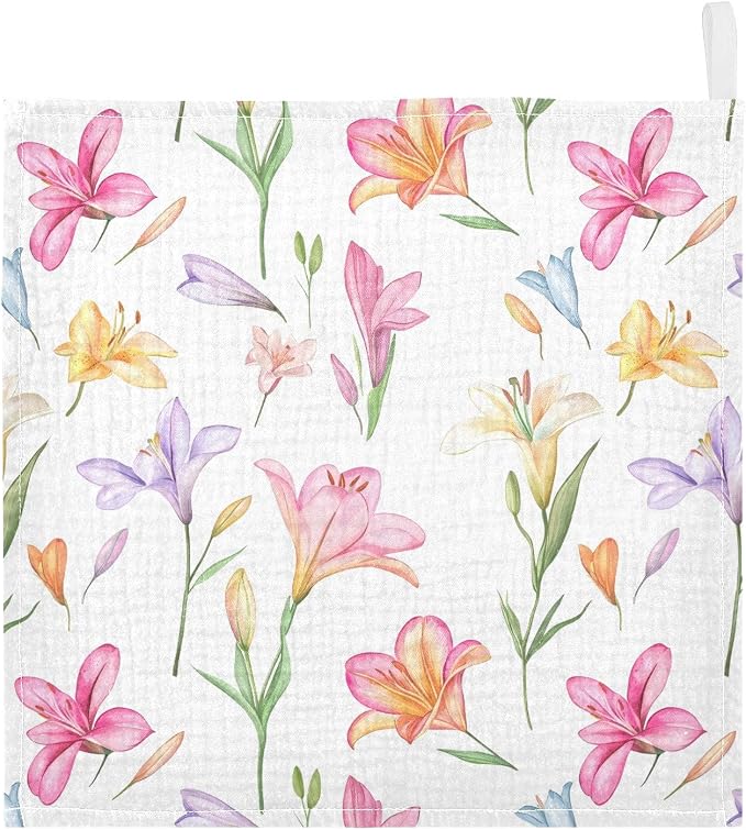 vvfelixl Baby Muslin Washcloths Colorful Lilies Baby Burp Cloths Cotton Babys Face Towel for Infants Soft 11.8 X 11.8 in, 3 Pack