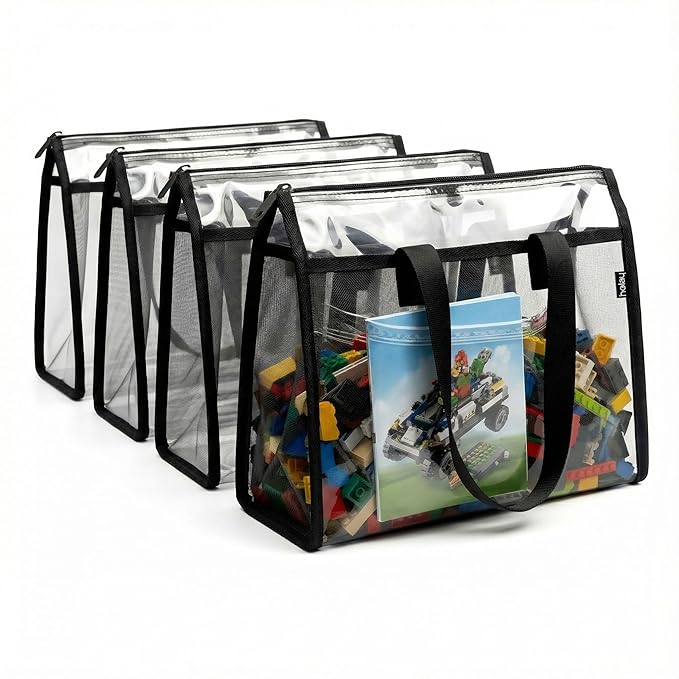HOLAY 4 Pack Clear Toy Storage Bags with Handle ?“Playroom Organizer Bins for Kids Toys, Board Games, Busy Bags, and Homeschool Supplies, Transparent PVC Front & Reinforced Base (Black, X-Large)