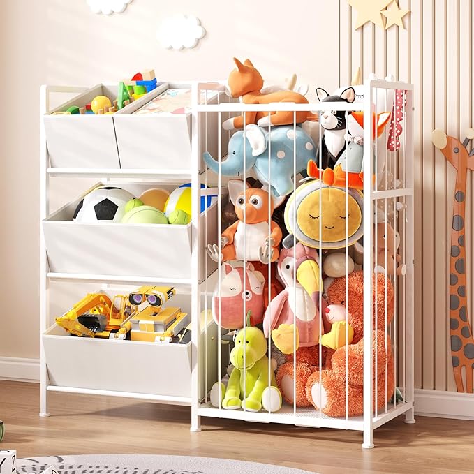 BBLIKE Kids Storage Organizer with 4 Removable Bins, Kids Storage Toy Shelf Organizer for Stuffed Animal Holder for Bedroom Playroom Nursery, White