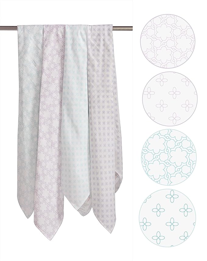 Bacati - 4 Pack Baby Blanket Swaddle Wrap Soft Breathable Cotton Muslin Swaddle Blankets Receiving Blanket for Girls, Large 45 x 45 inches (Petals/Floral Lilac/Aqua)