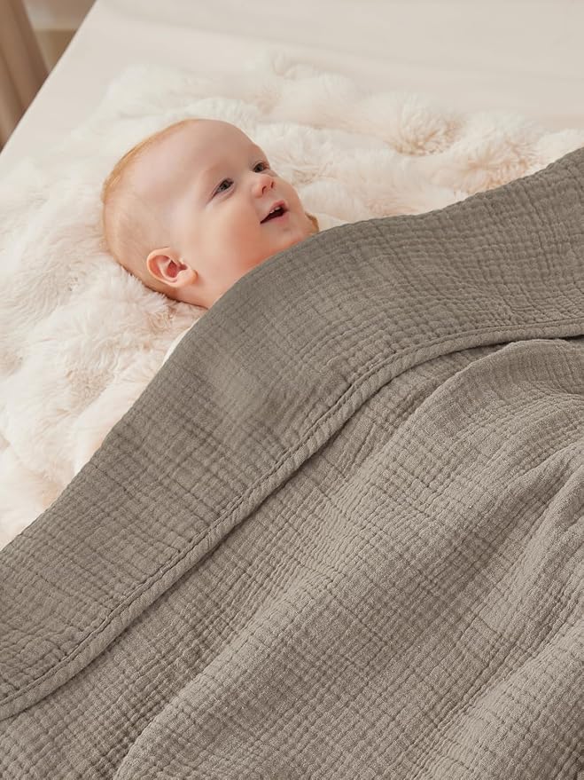 TILLYOU Muslin Swaddle Blanket Soft Baby Blanket for Girls Boys, 4-Layer Cotton Swaddle for Newborns 40"X40", Grey Brown