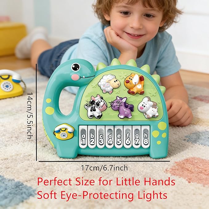 Baby Piano Drum Music Toy 6-12 Months, Dinosaur Light Up Musical Keyboard Animal Sound, Toddler 12-24 Early Learning Educational Interactive Infant Toys Girl Boy Gift 1 Year Old