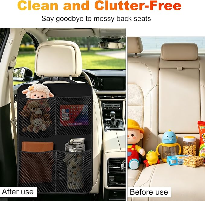2 Pack Back Seat Cover For Kids + 4 Pocket Storage Organizer,Car Kick Mats Backseat Protector, Car Seat Back Protectors Backseat Organizer For Vehicles