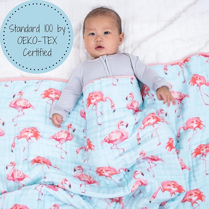 LollyBanks Muslin Baby Blanket, 100% Cotton Muslin Quilt for Girls, 47 x 47 Inches Toddler Blankets, Cozy 6-Layer Newborn Blanket, Soft and Breathable Baby Quilt, Newborn Essentials (Flamingo Print)