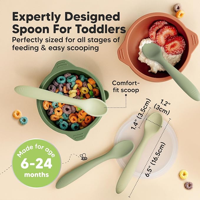 KeaBabies 3-Pack Silicone Baby Spoons and 2-Pack Baby Bowls with Suctions, Lids - Toddler First Food Training Spoon - Silicone Suction Bowls for Boy, Girl
